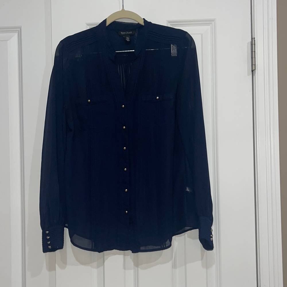 WHBM, size 8, navy blue sheer button down blouse